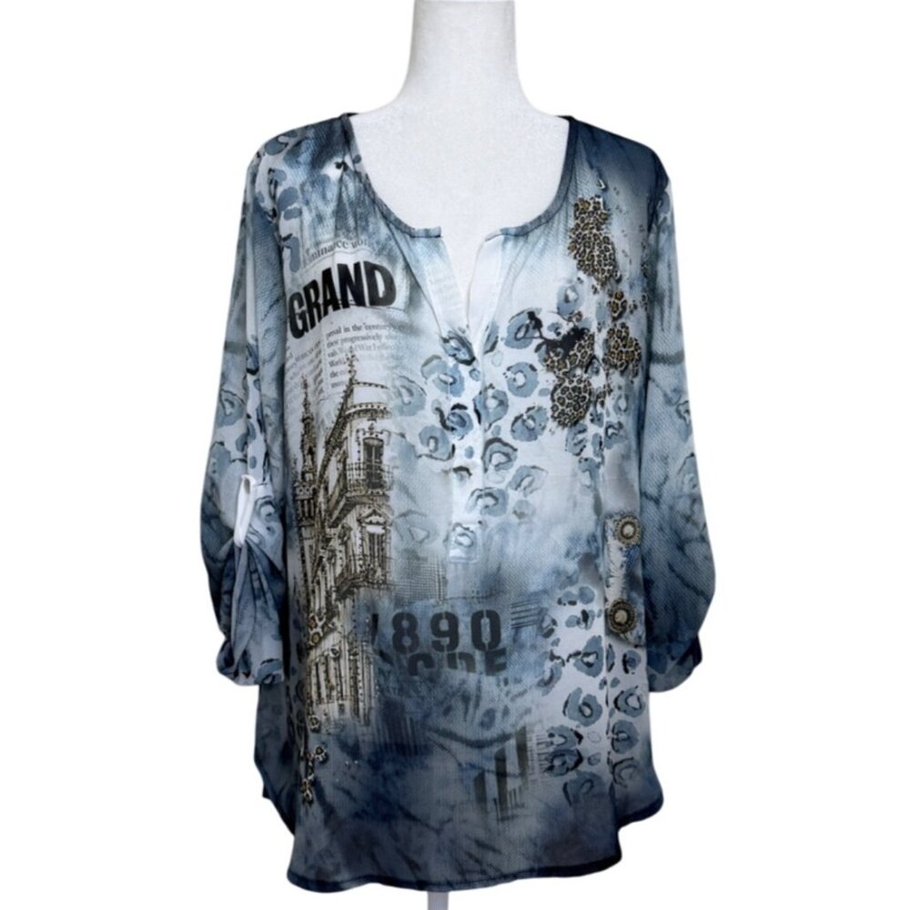 GiGi Moda Tunic Artsy Lagenlook City Print Blue Blouse Art to Wear Women Size XL